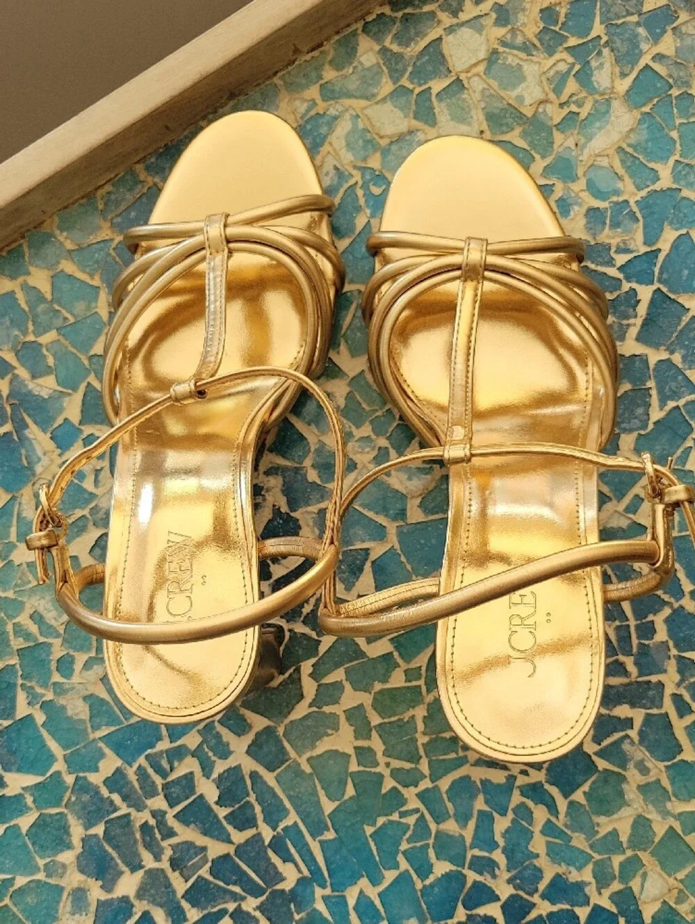 J. Crew Metallic Gold T-Strap Block Heel Sandals In Sunkissed Gold